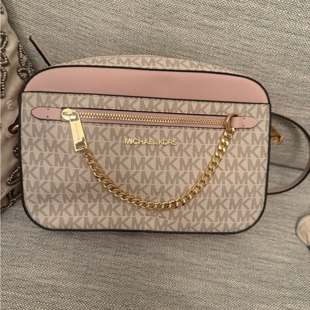 Michael Kors Monogram Beige and Pink Crossbody Bag